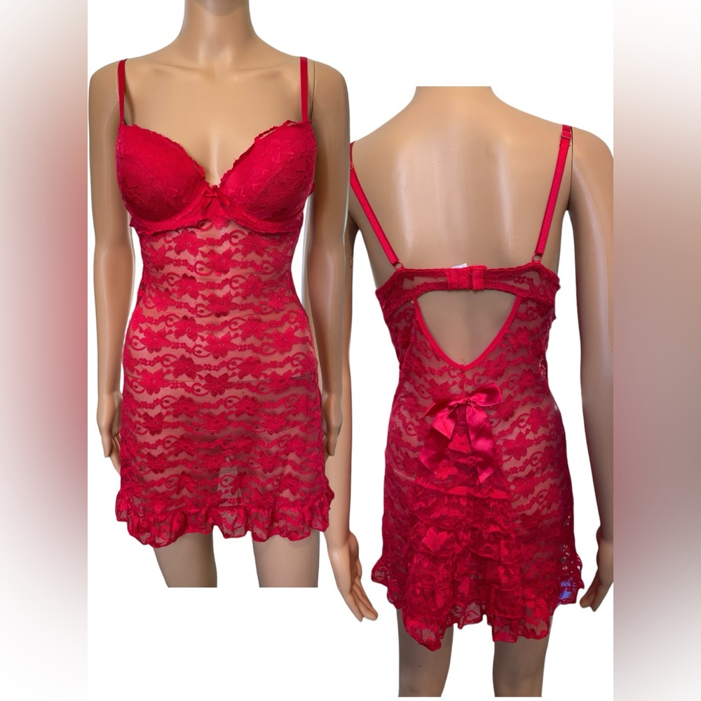Be Wicked Red Sheer Romantic Floral Lace Padded Underwire Ruffle Bow Slip Dress